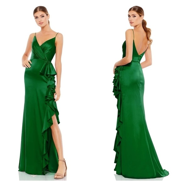MAC DUGGAL Satin Ruffled Asymmetrical Gown In Forest Green - Picture 1 of 6